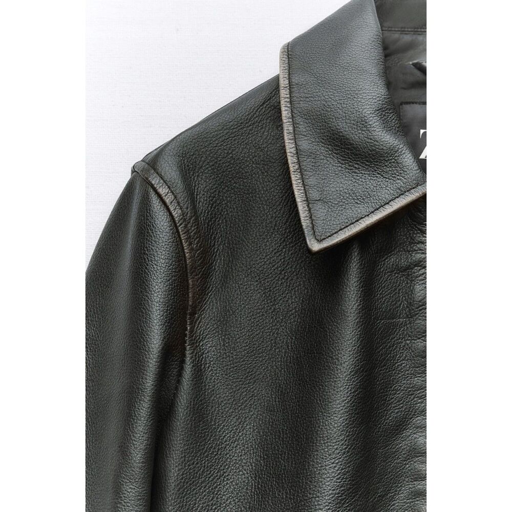 Black Brown Zara 100% Leather Distressed Vintage-Look Zipper Moto Jacket (NWT) - Picture 7 of 10